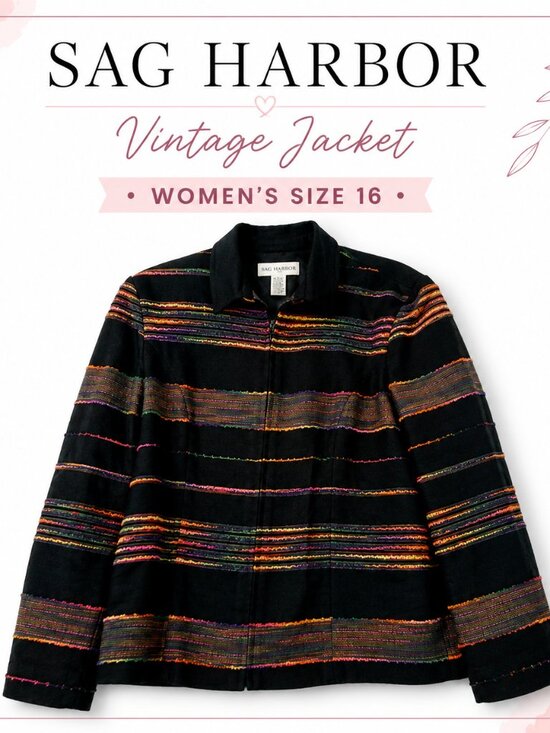 Sag Harbor Jackets & Blazers - Vintage Sag Harbor Women’s Jacket Size 16 Black Textured Stripe Zip Front Blazer